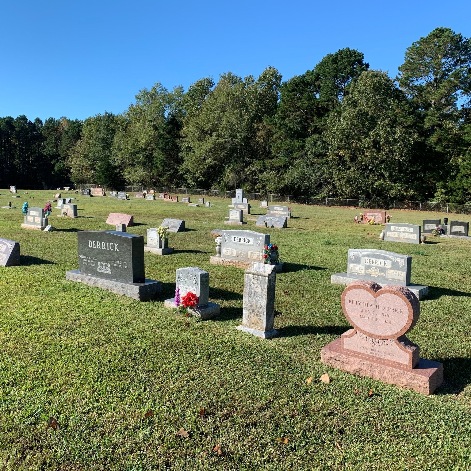 Wide view of Woodlands Cemetery with headstones on green grass under blue sky