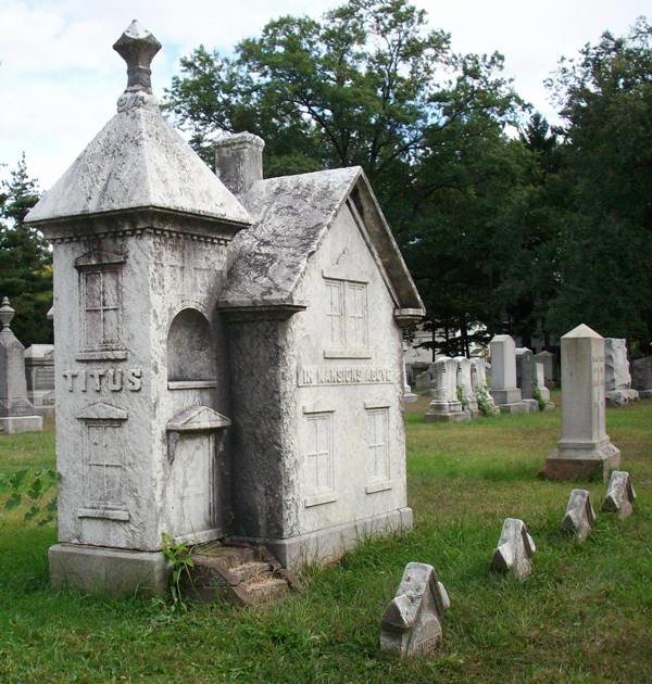 Stone church model monument at Woodlands Cemetery — a unique historical landmark